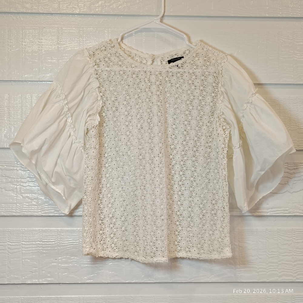 CROCHET LACE GERTIE TOP Perforated Bell Ruffle Sleeve White LG BOHO COTTAGE CORE